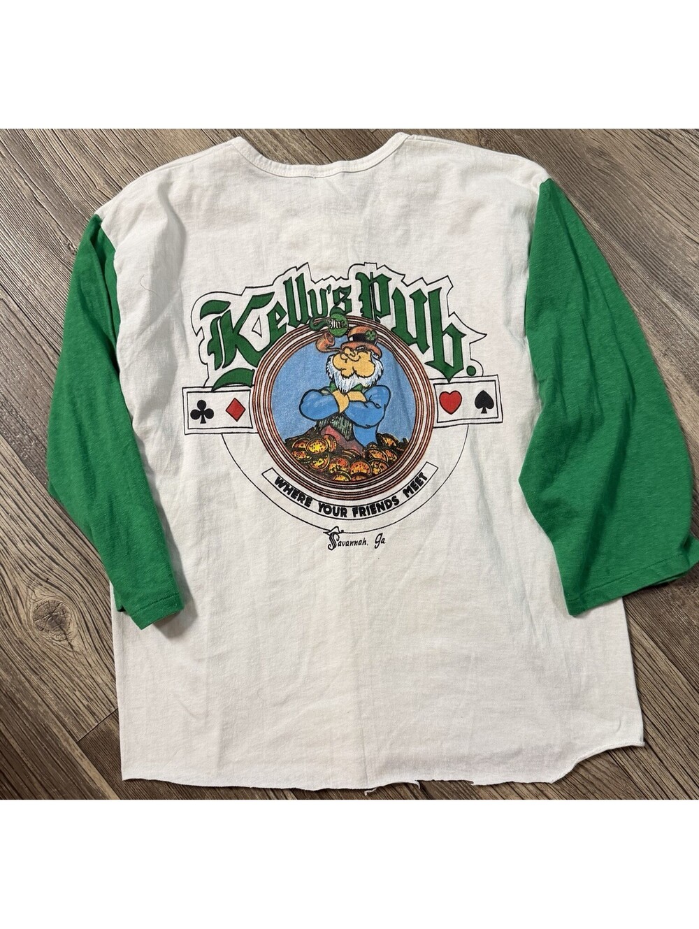 Vintage 80s Kellys Pub Savannah GA Raglan T Shirt Irish Leprechaun Green Sz L
